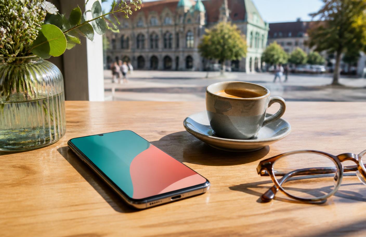 Frau nutzt ihr Smartphone in einem Café